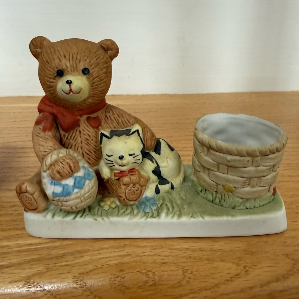 Vintage WA R.O.C. Bisque Porcelain Bear & Cat Figurine Votive Candle Holder 1985